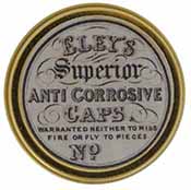 Cap box, 1-3/4" diameter, 
empty, with antique style label marked, 
Eley's Superior Anti Corrosive Caps, Warrented Neither to Miss Fire or Fly to Pieces No.